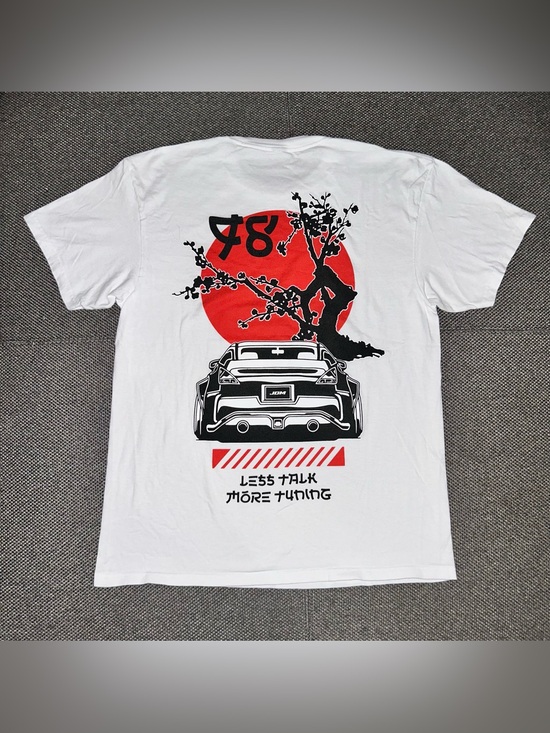 Y2K Nissan 350z White Graphic JDM Car Tee with Red Sun and Bonsai